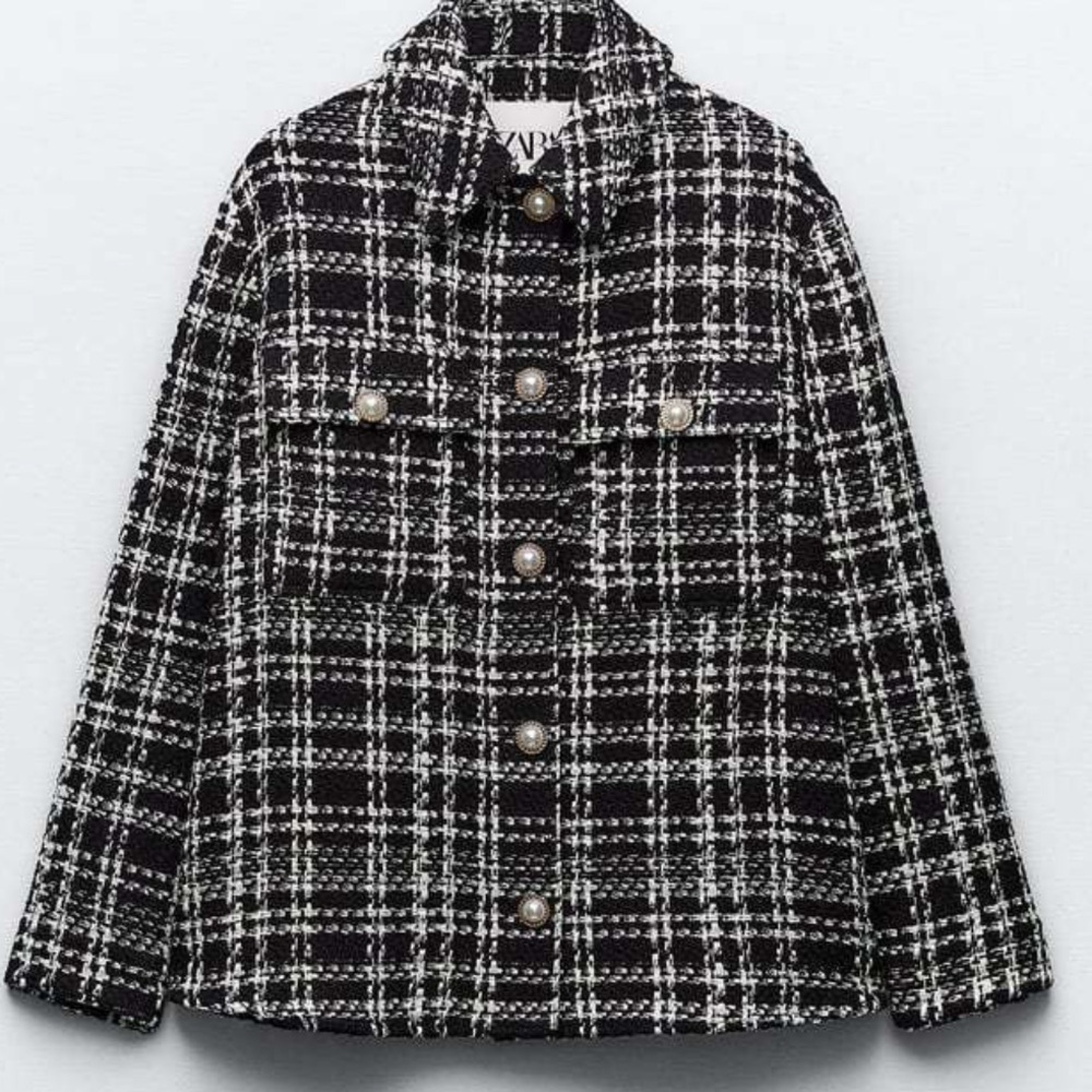 Zara plaid pearls button over shirt size xsmall black and white